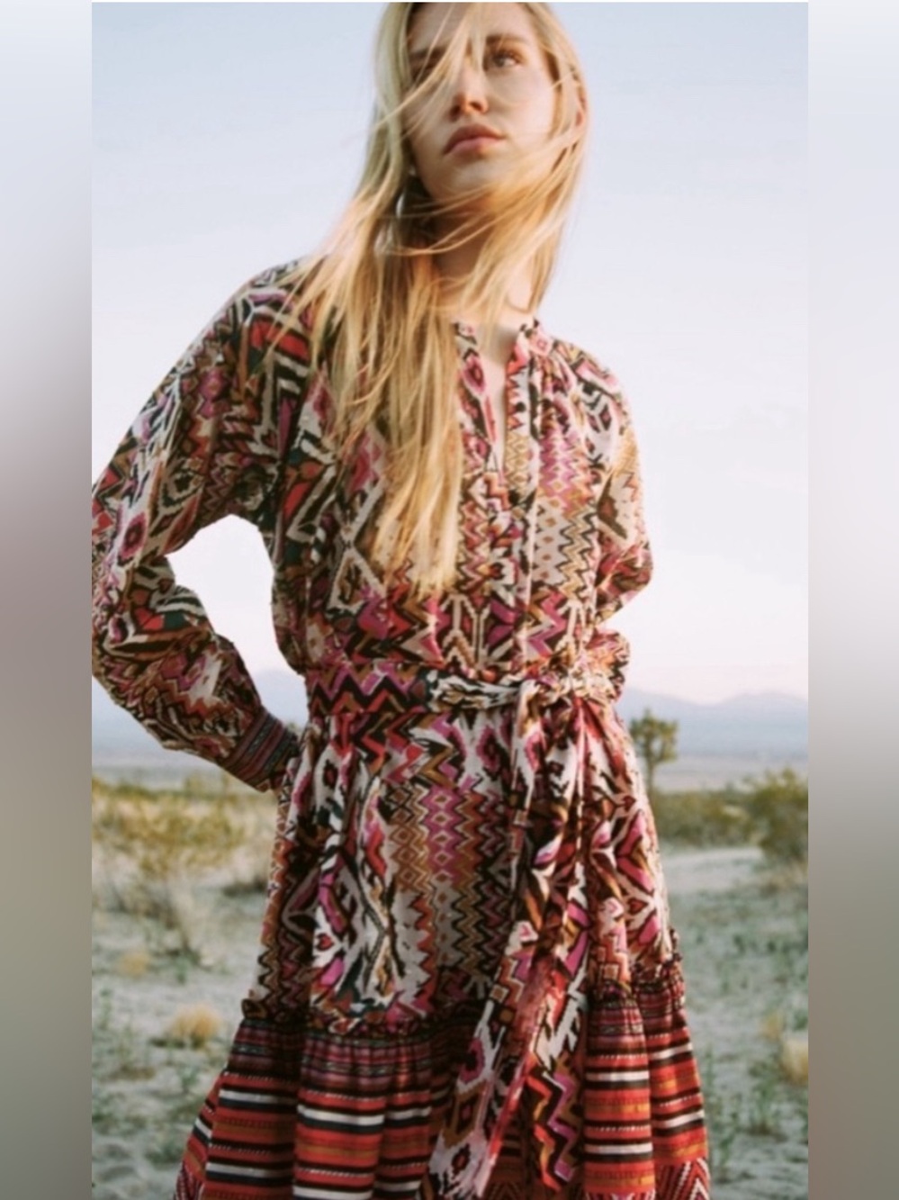 Zara Pink Multi Aztec-Print Long Sleeve Maxi Dress
